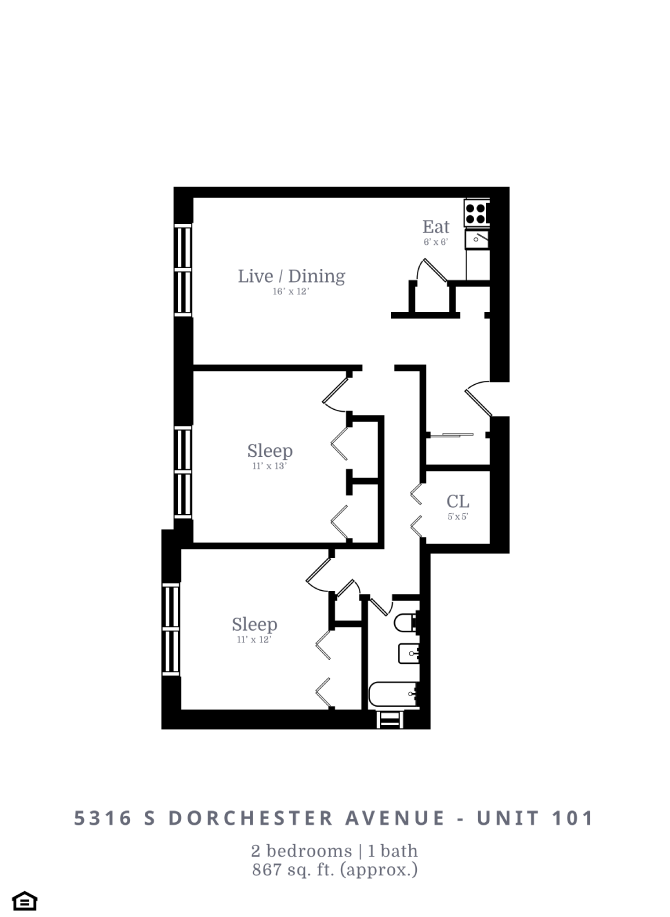 Floor plan for 2 beds, 1 bath, 867 sqft